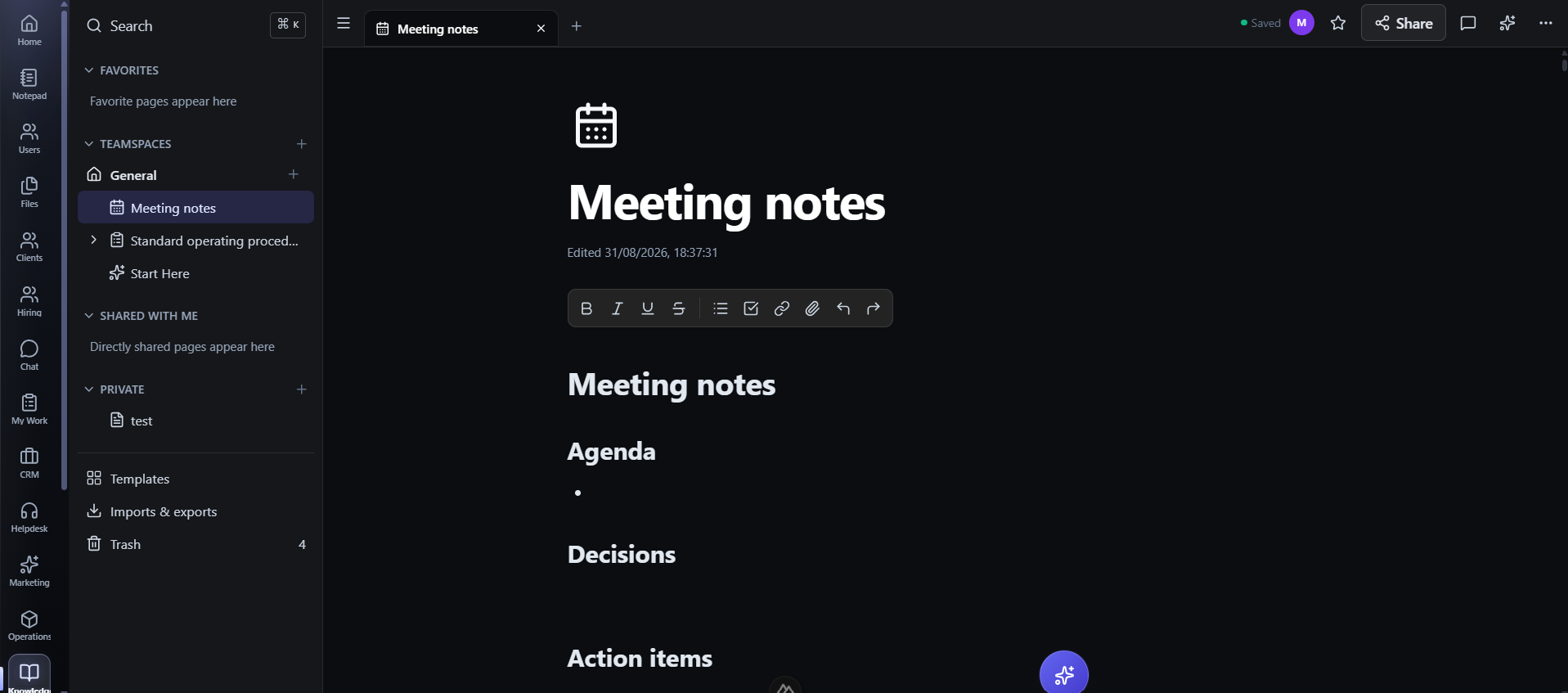 Rowsh Knowledge module with a page tree, meeting notes editor, saved status, comments, and sharing controls