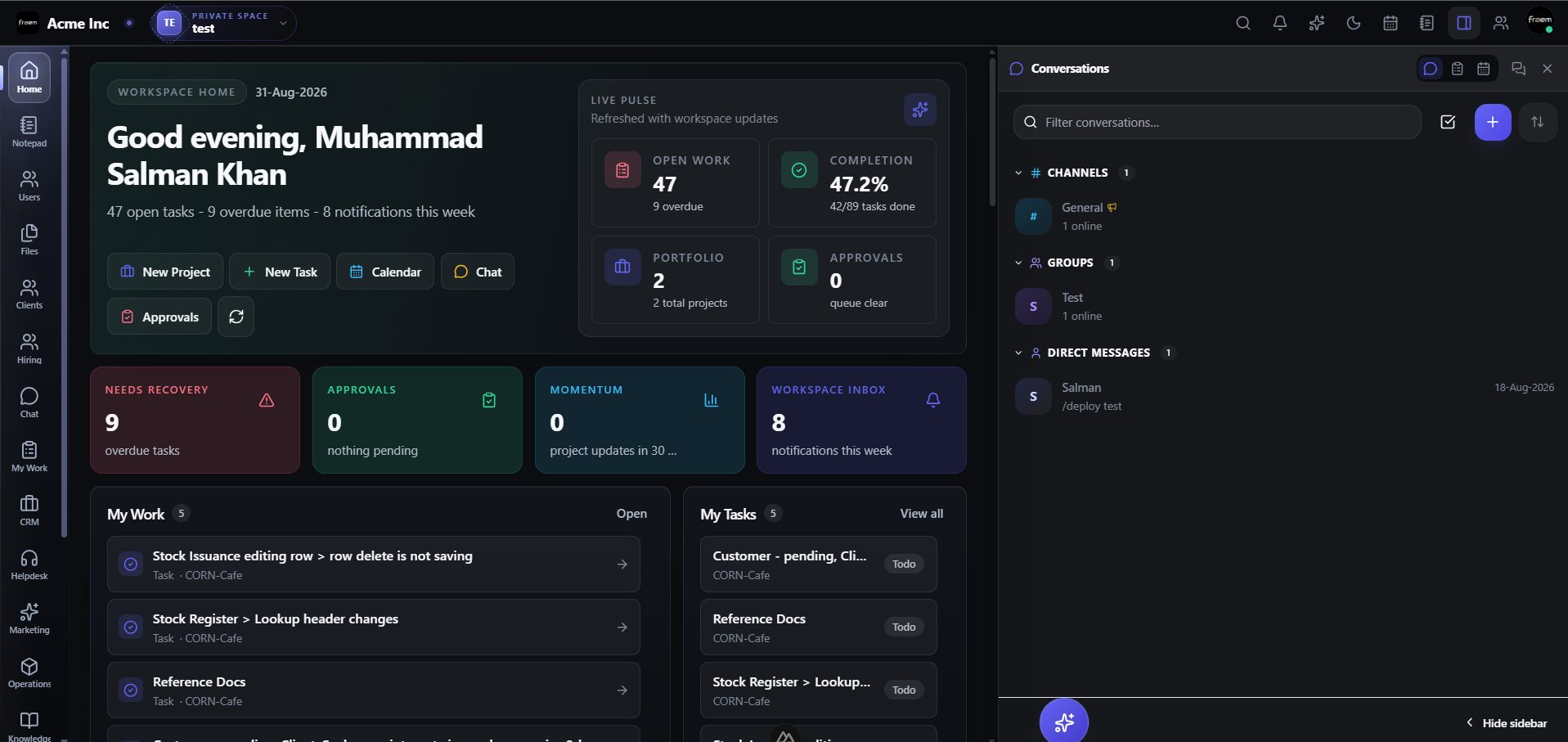 Rowsh workspace dashboard with the split view companion chat panel open on the right