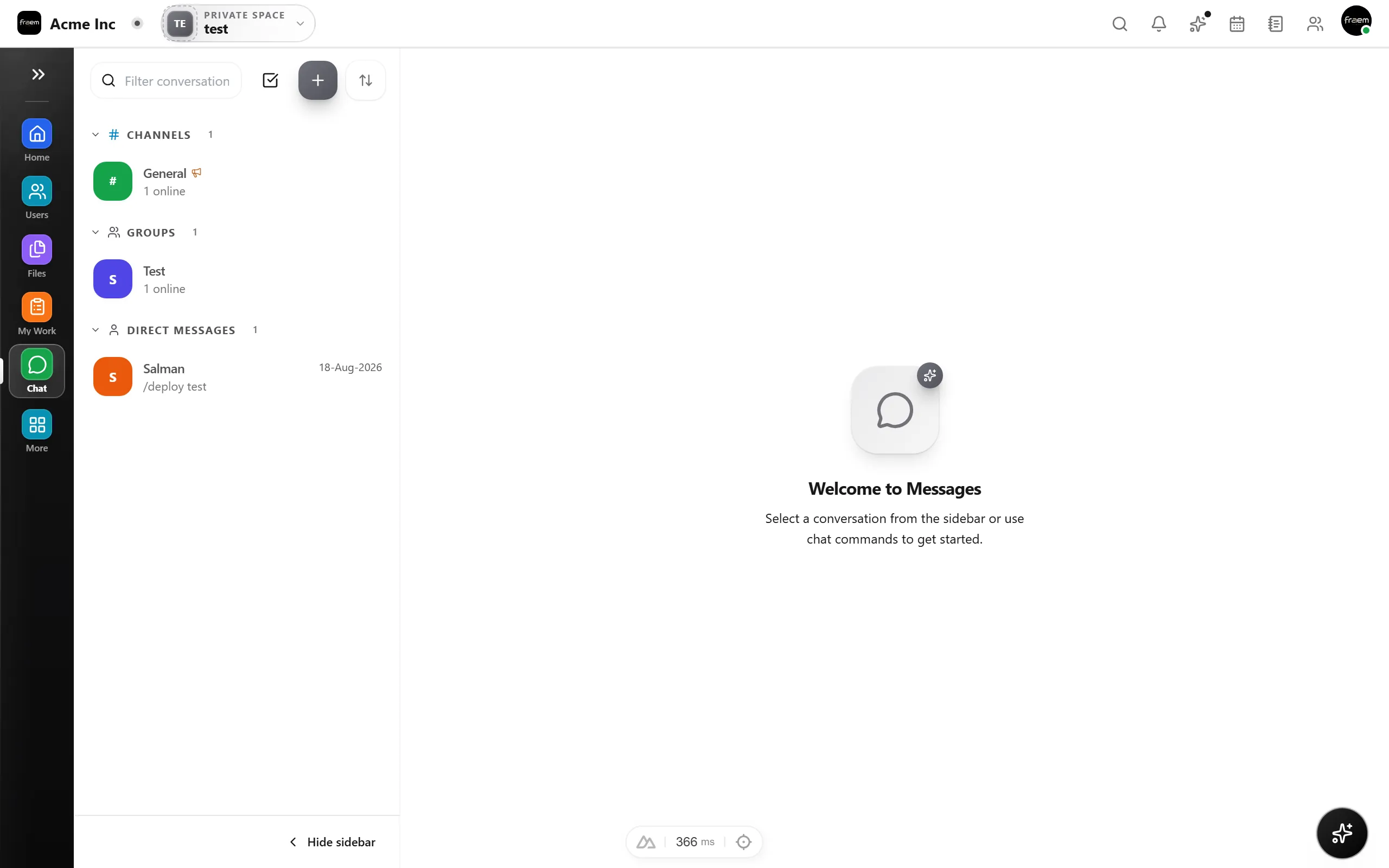 Channels and direct messages in Rowsh chat