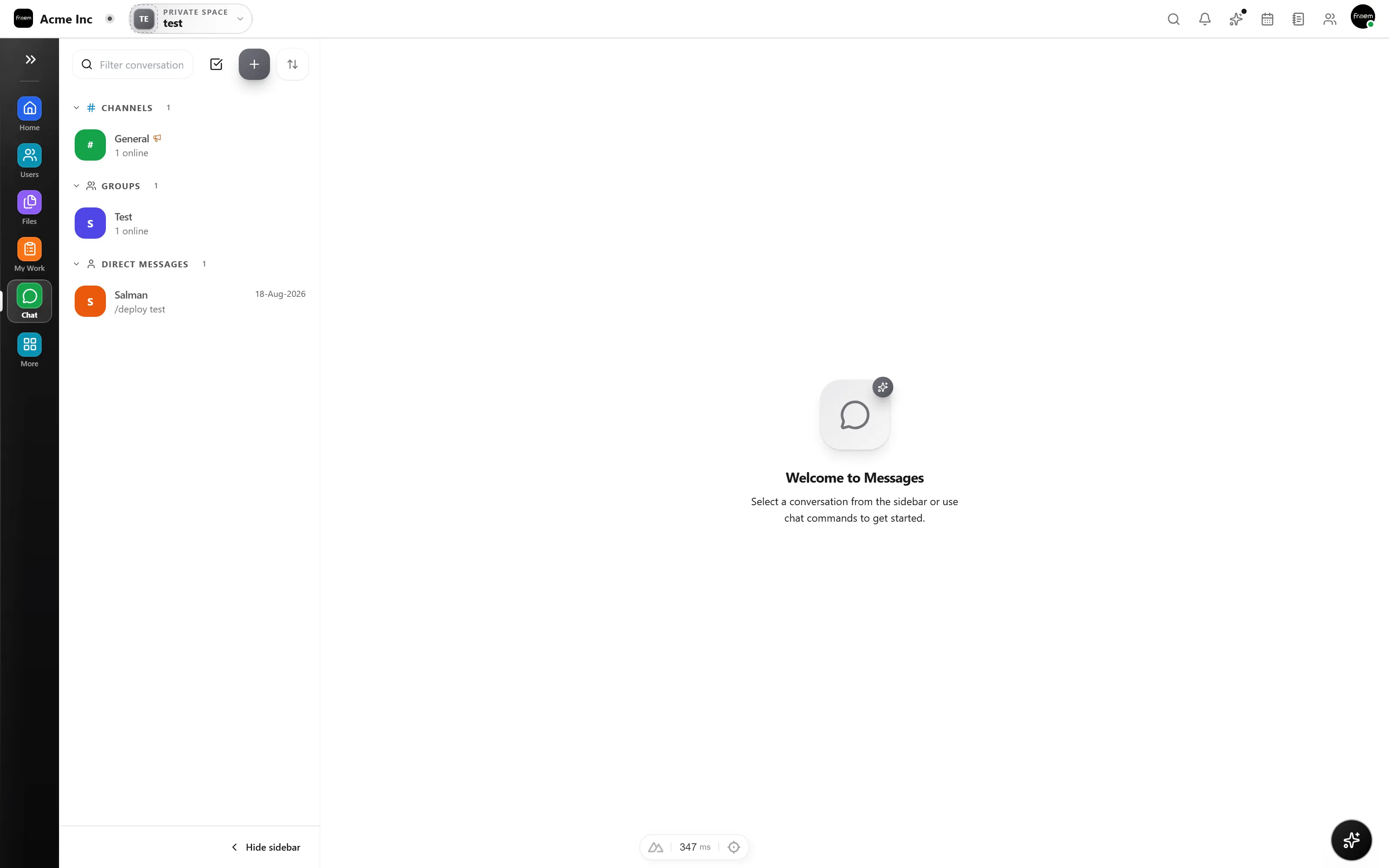 Rowsh chat with channels and messages