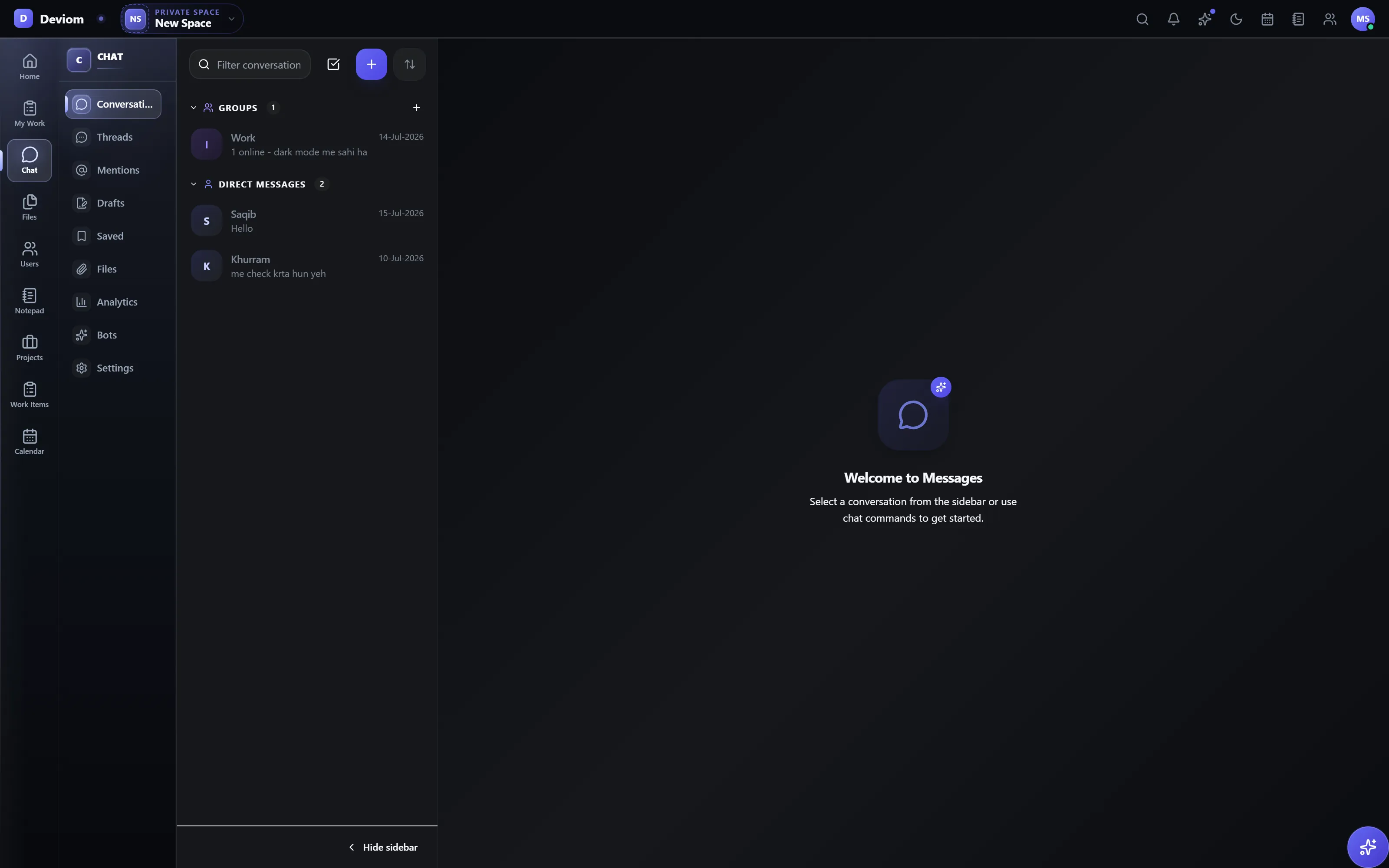 Rowsh chat with channels and messages