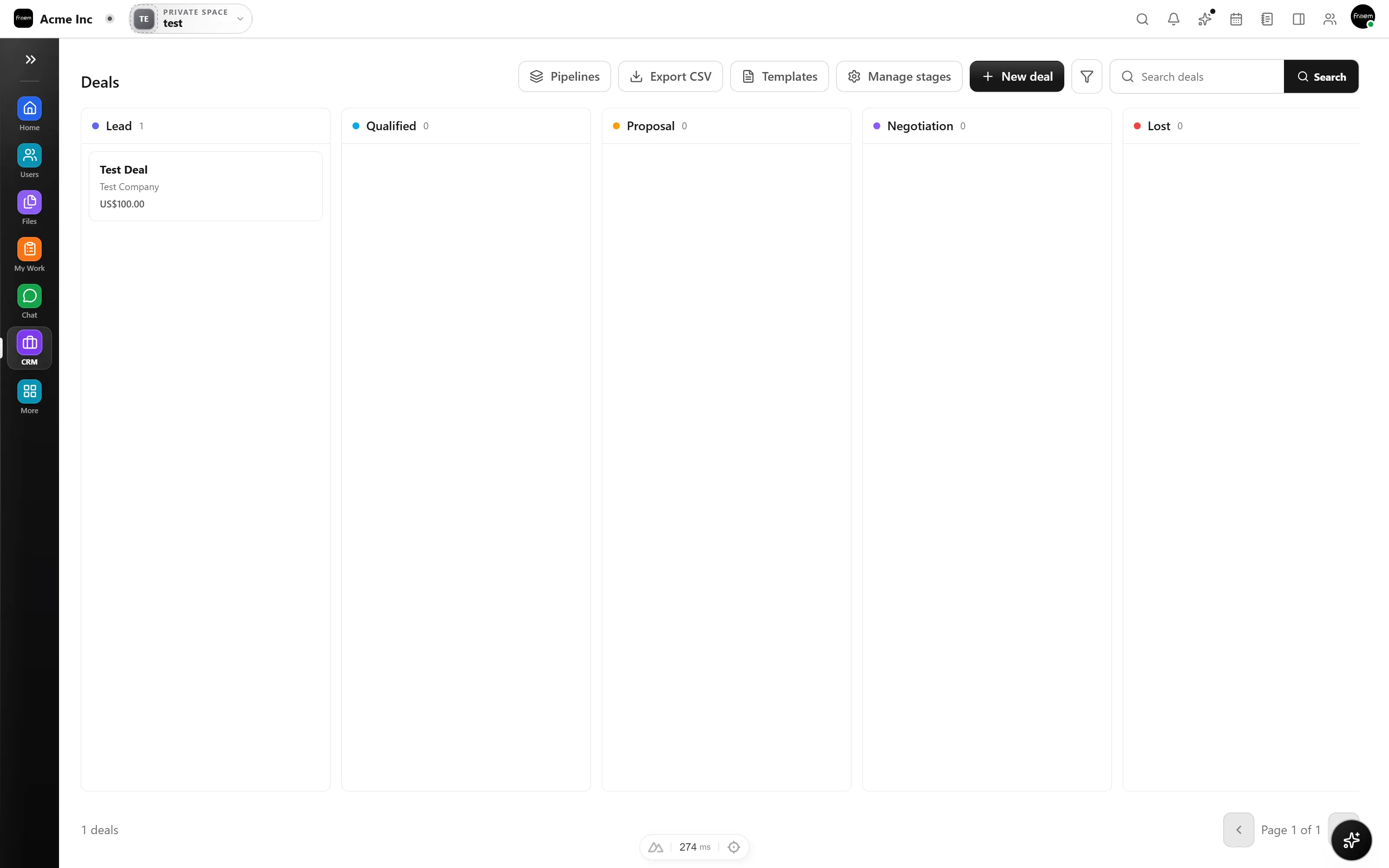 Rowsh CRM space with a drag and drop deal pipeline and stage totals