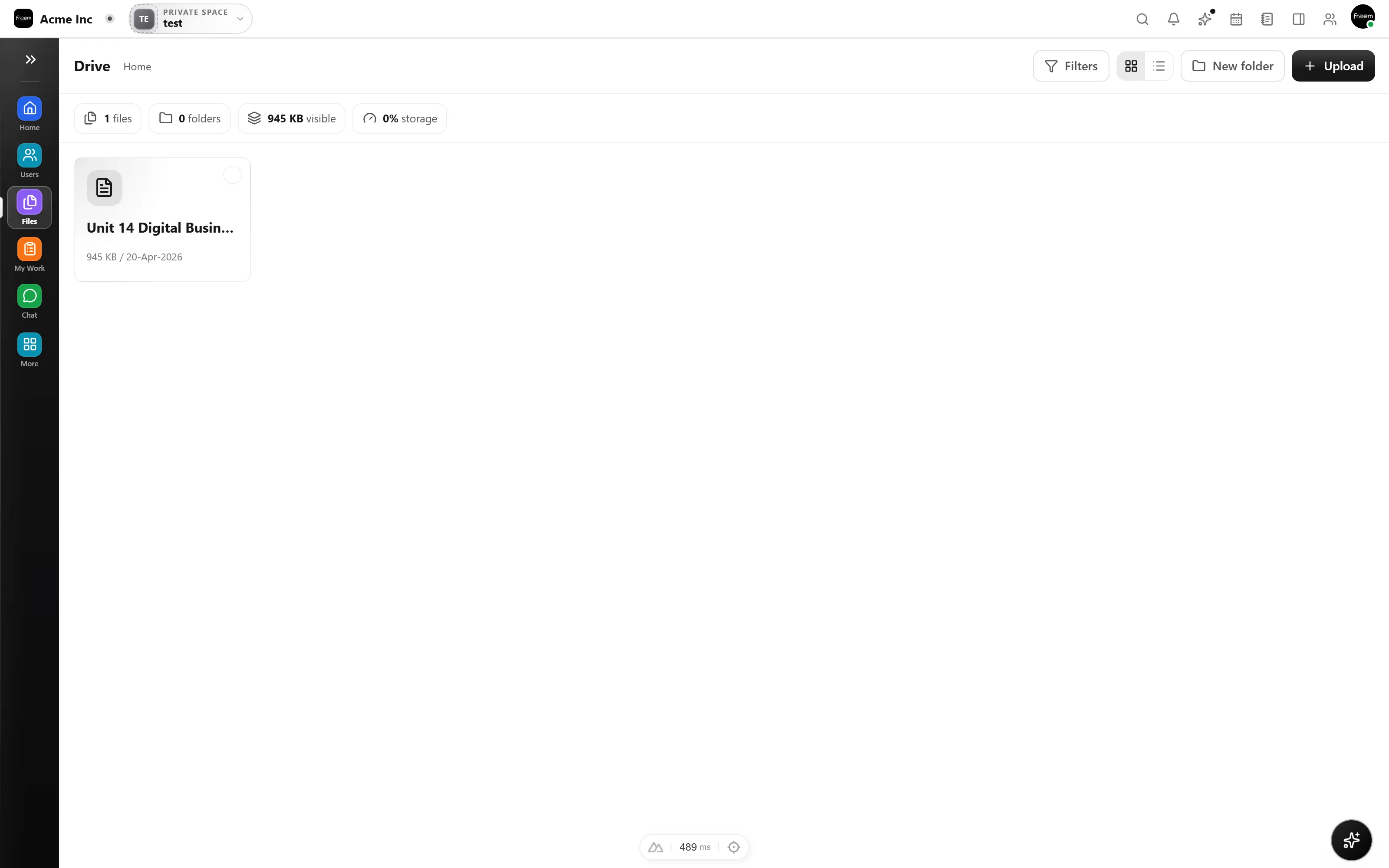 Files workspace with folders, uploads, and shared documents