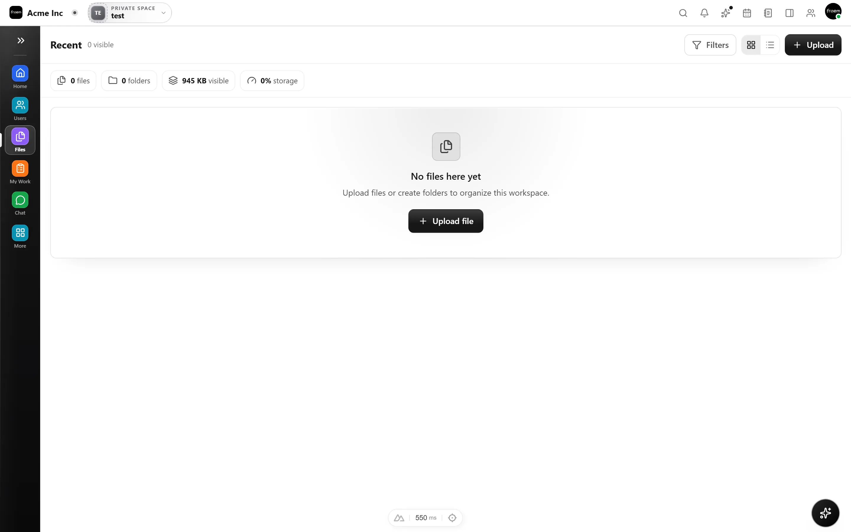 Rowsh Files library with folders and recent uploads