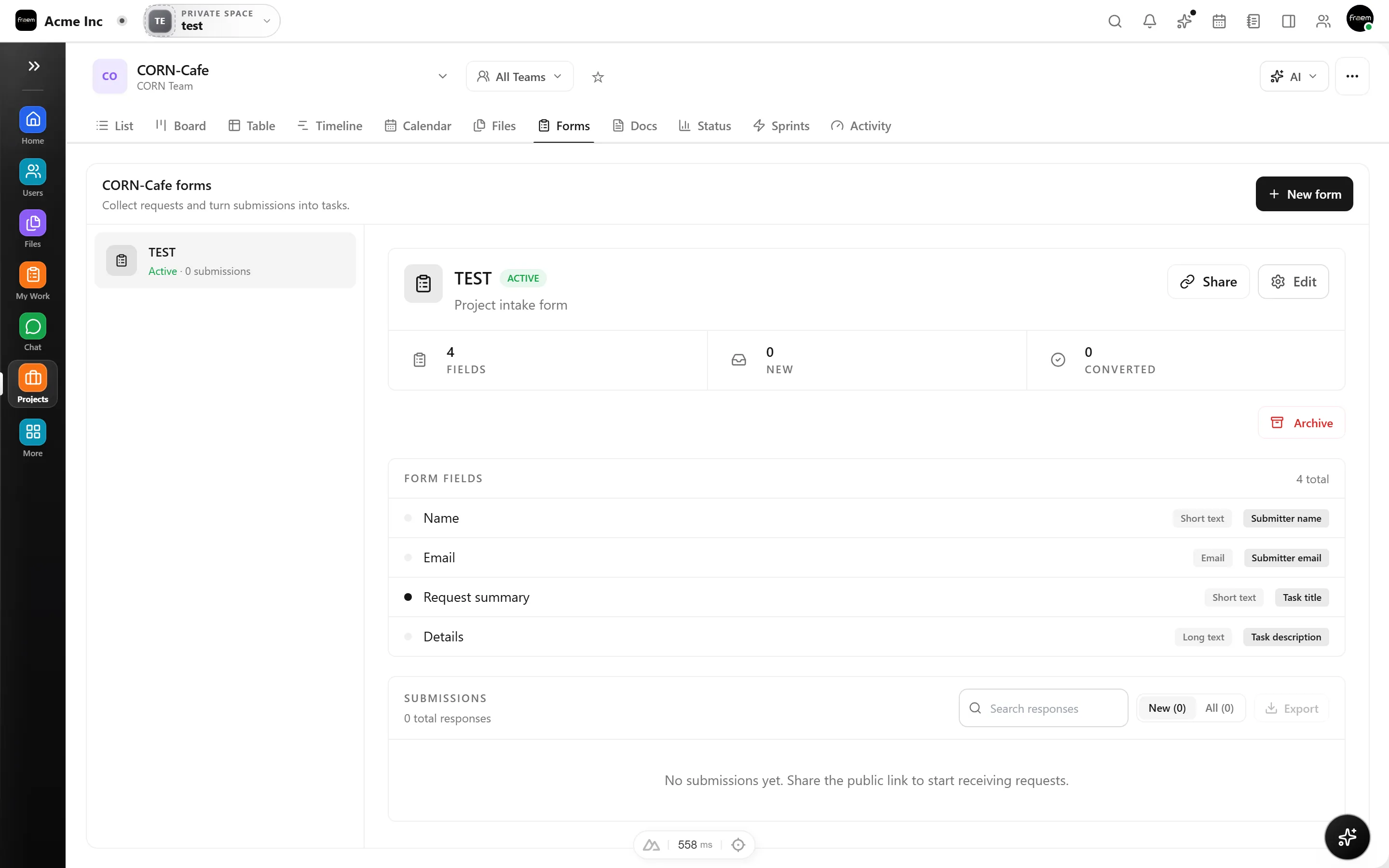Rowsh form builder with fields, conditional logic, and a public form preview