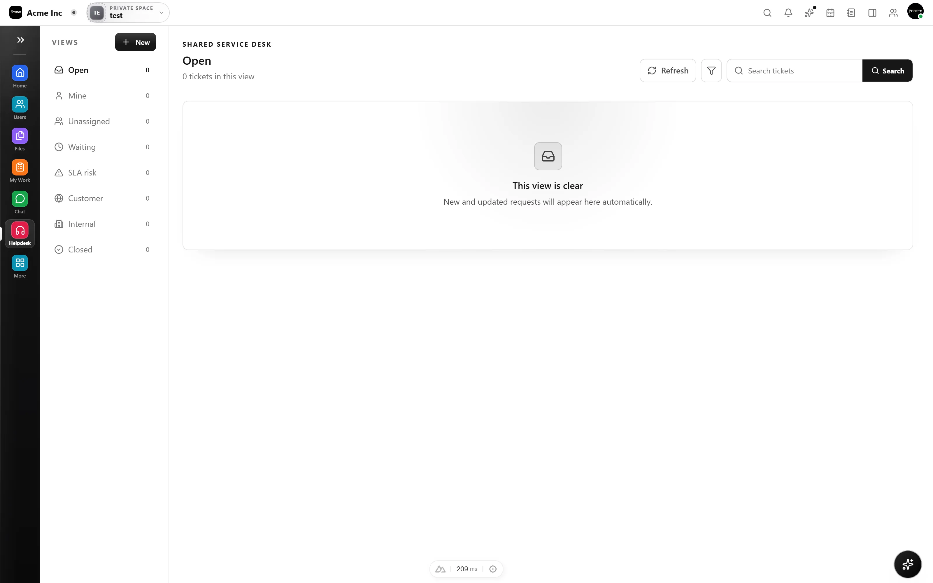 Rowsh Helpdesk space with a ticket queue, priorities, and SLA tracking