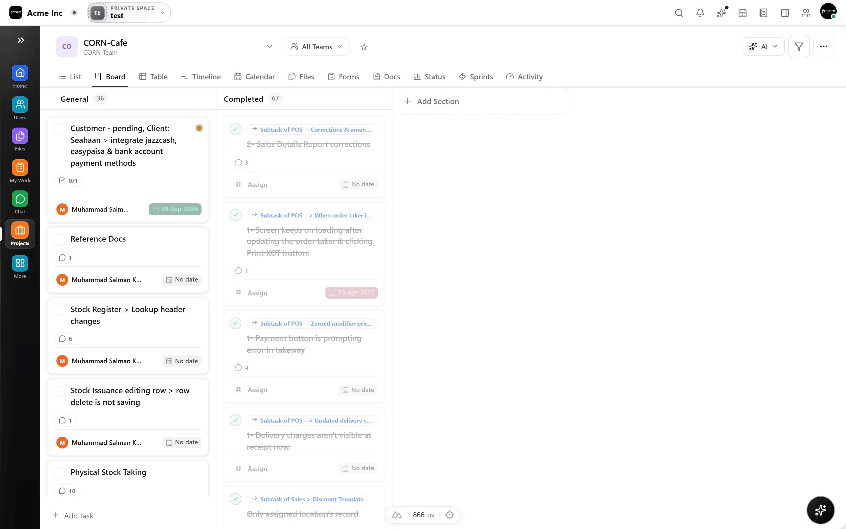 Projects Kanban board with columns for backlog, in progress, review, and done.