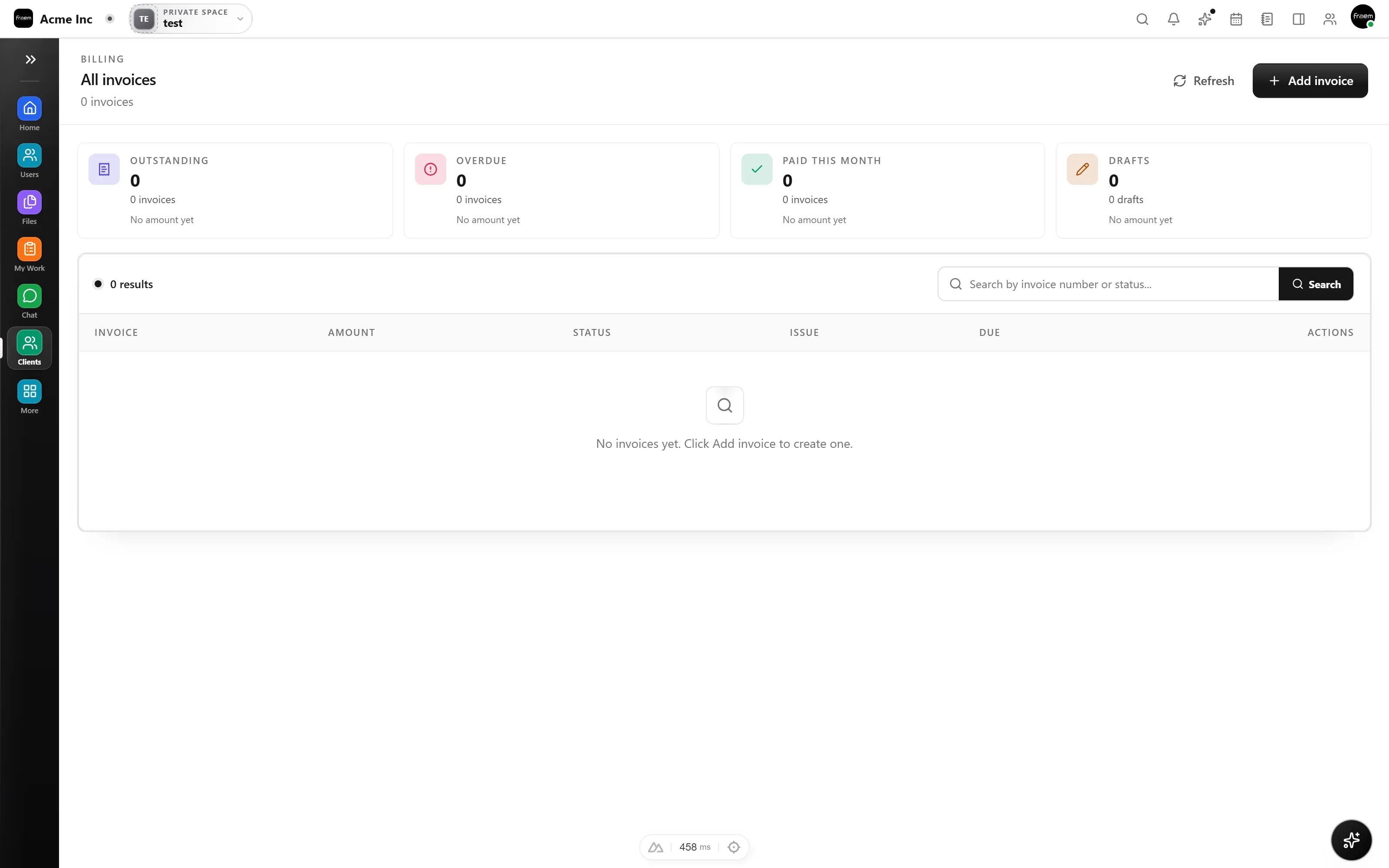Rowsh invoice workspace showing invoice status, customers, amounts, and due dates