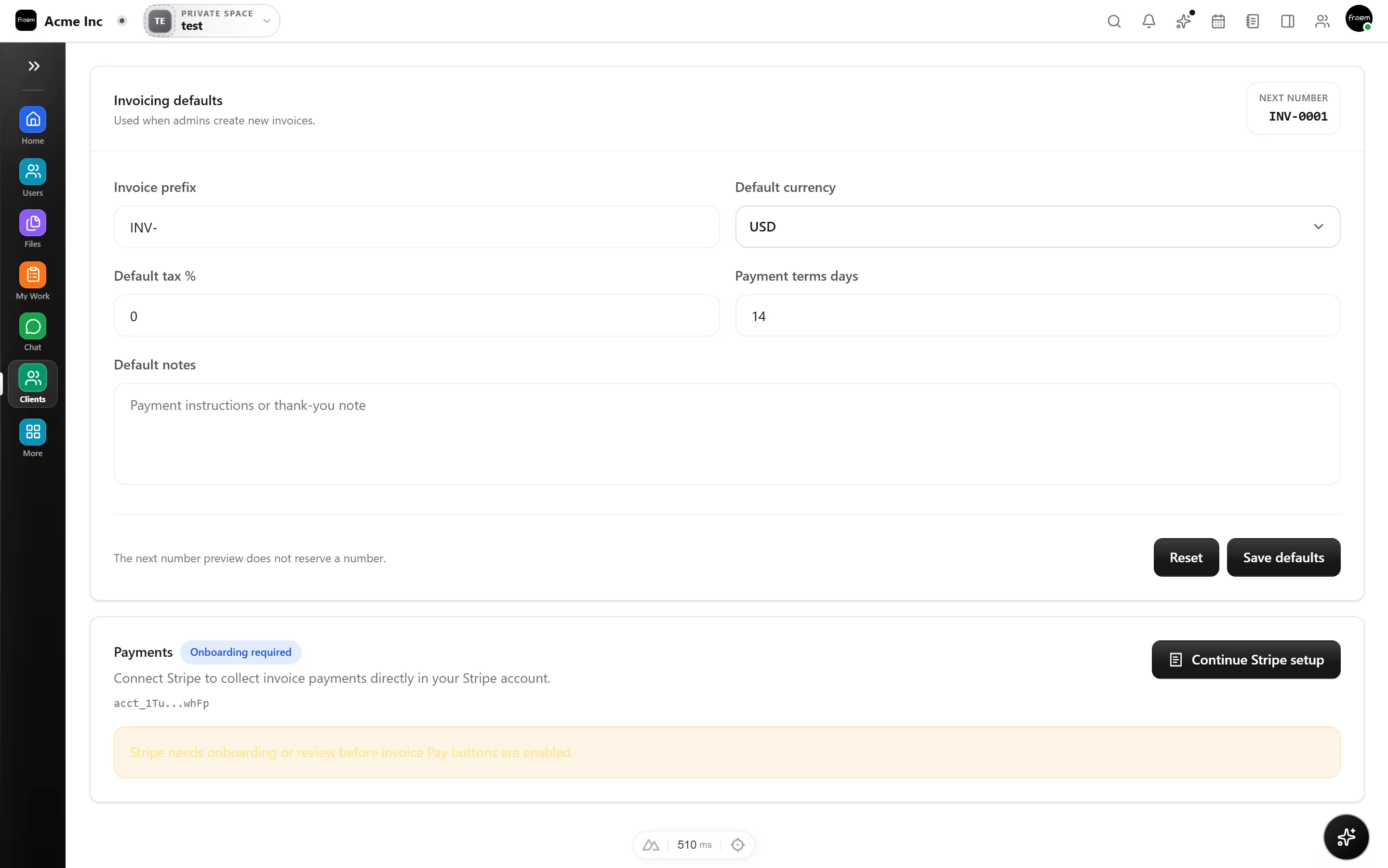 Invoice settings configured by an administrator