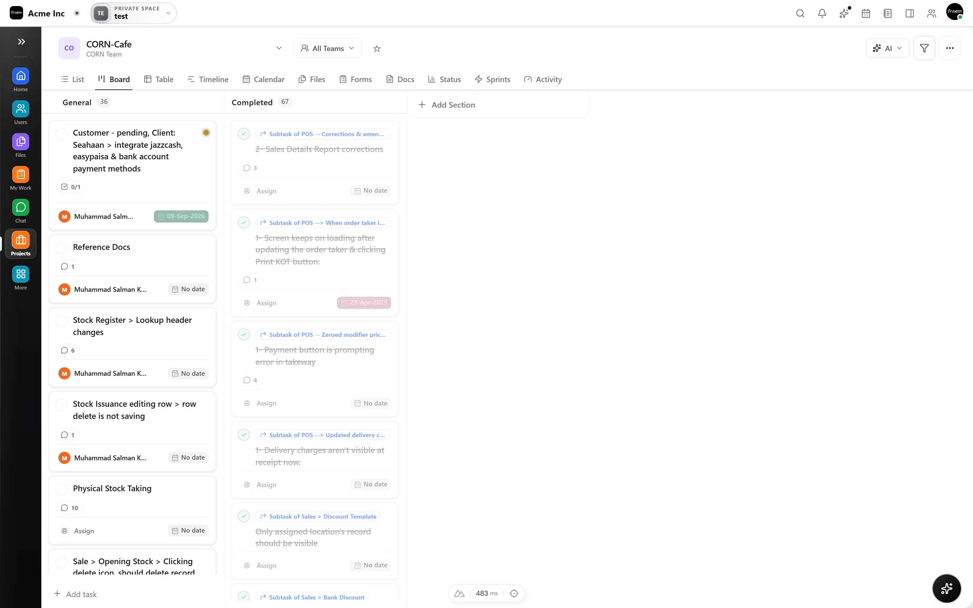 Kanban board view of a Rowsh project
