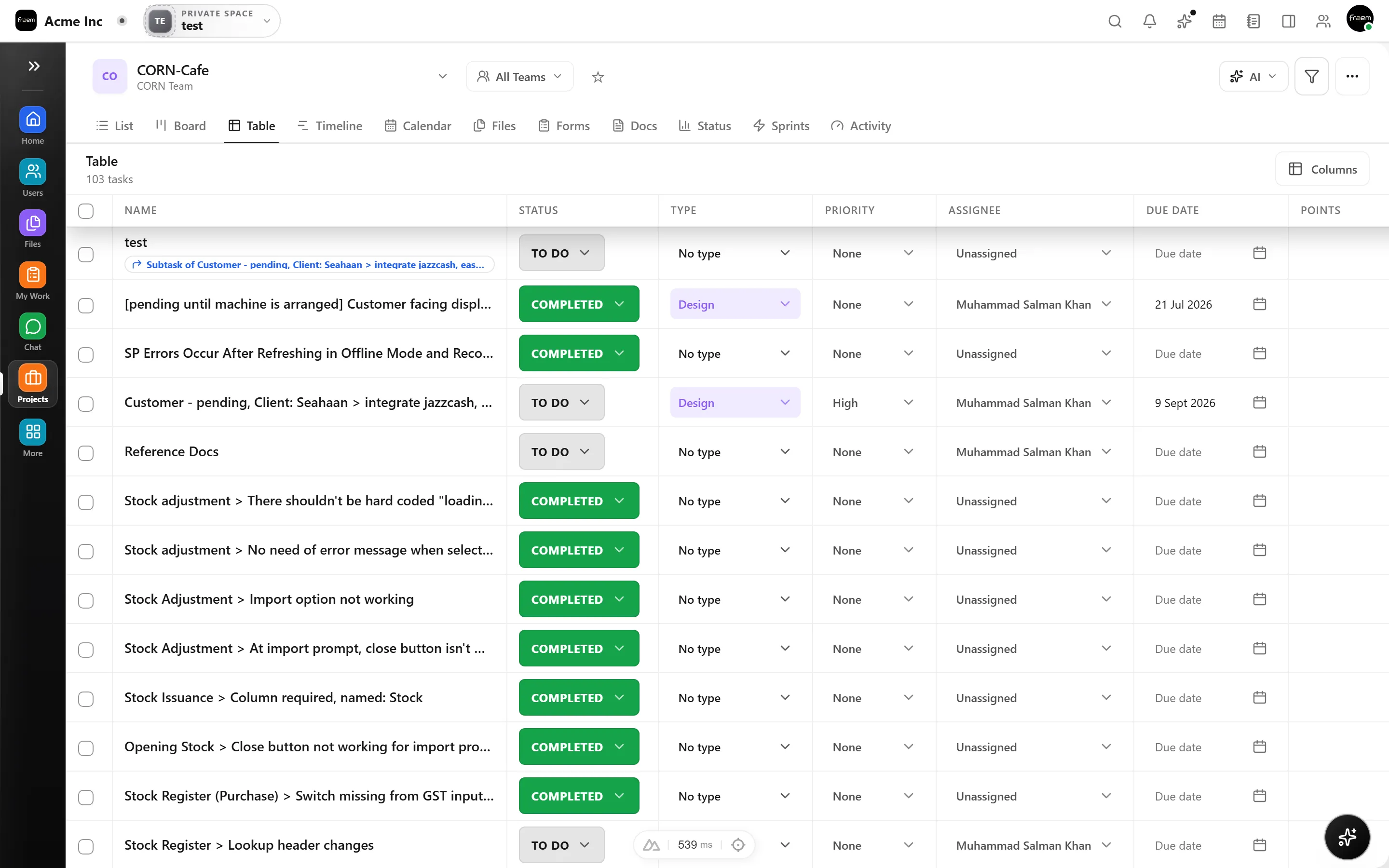Kanban board view of a Rowsh project