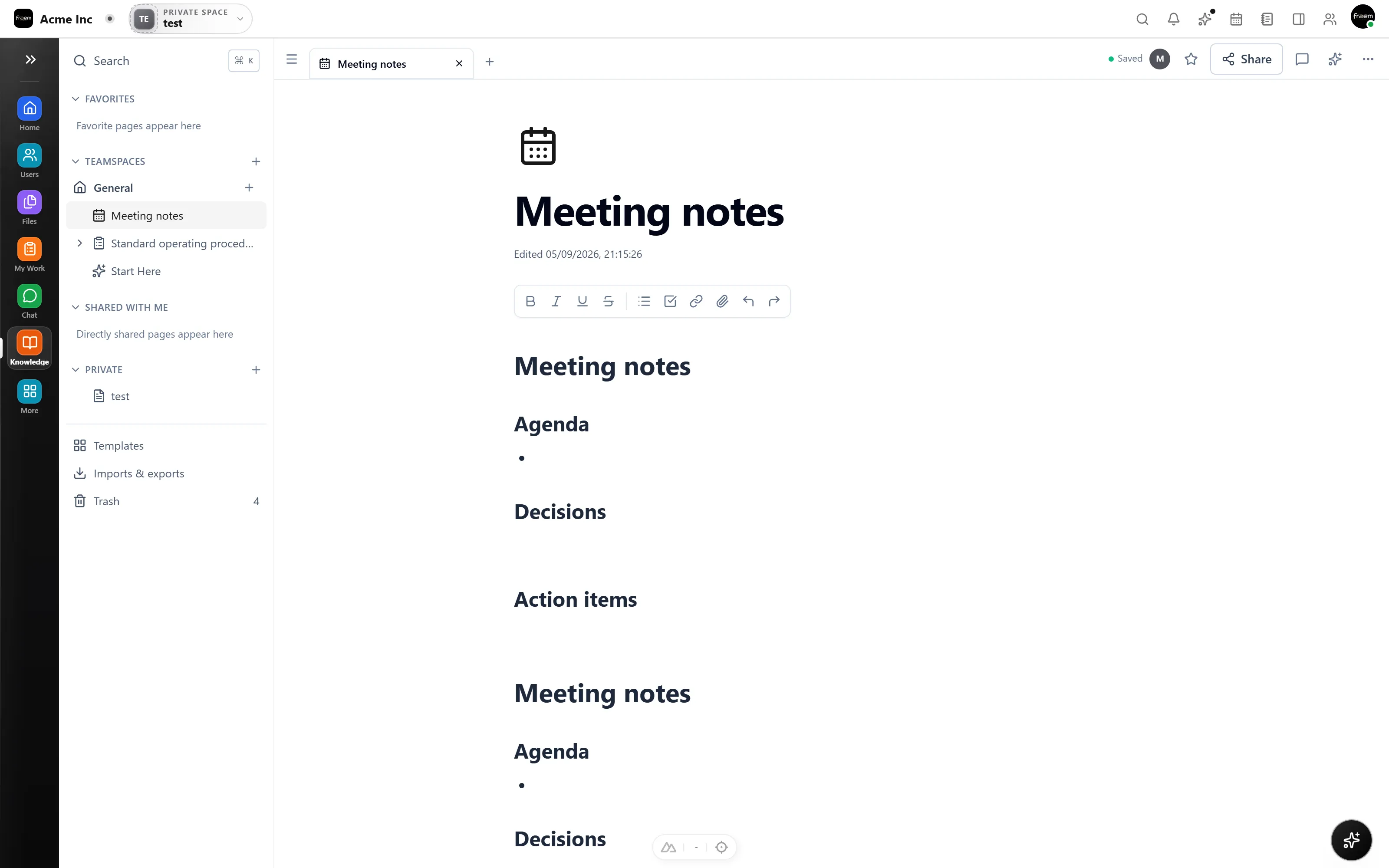 Knowledge page with a team handbook and organized sections
