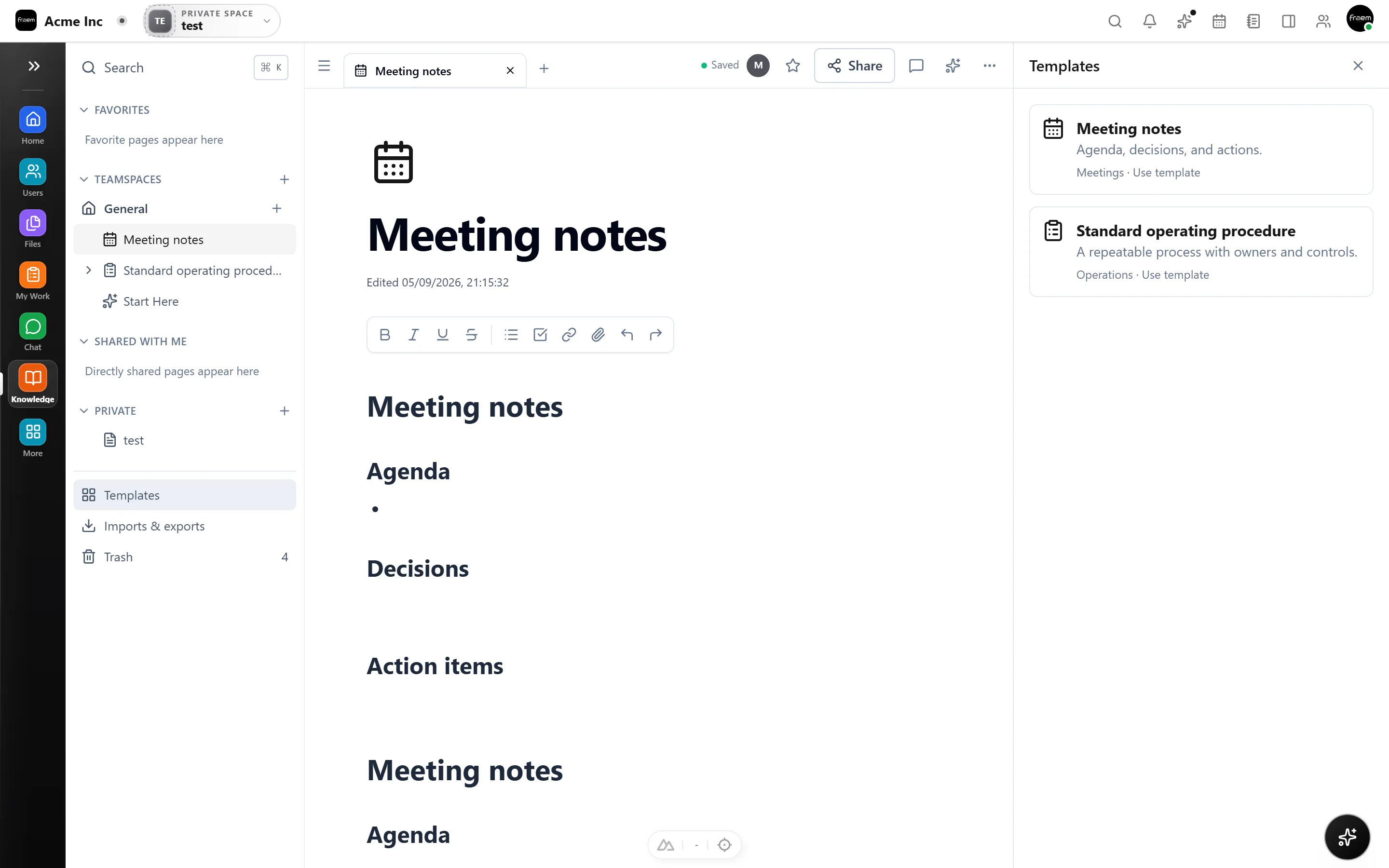 Rowsh Knowledge pages with a team handbook