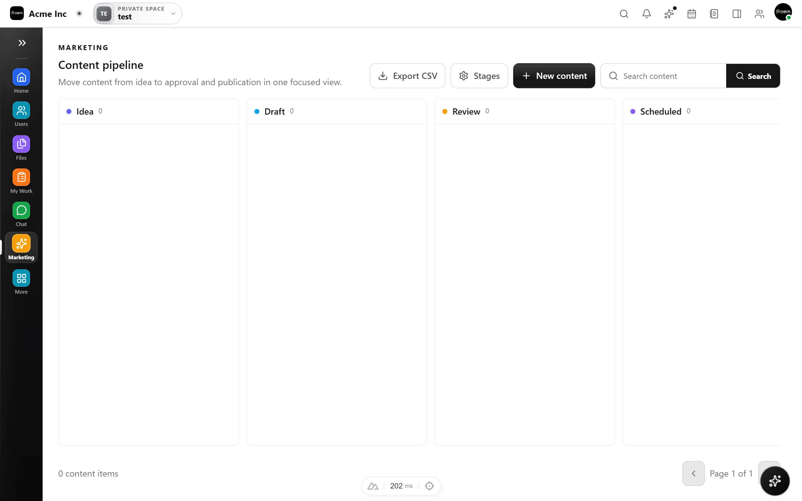 Rowsh Marketing space showing a content calendar and campaigns
