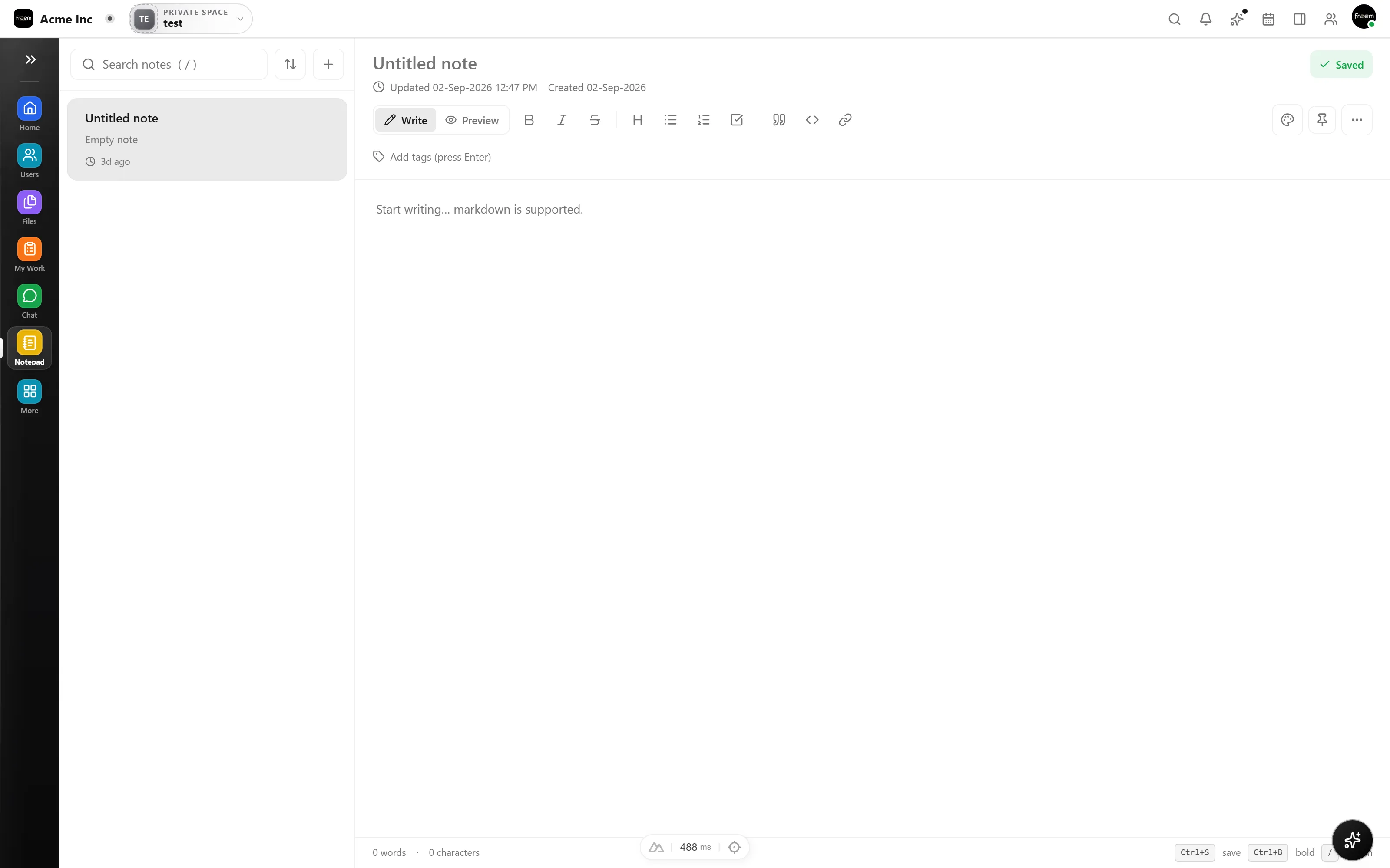Notes editor with a working draft and pinned reminders