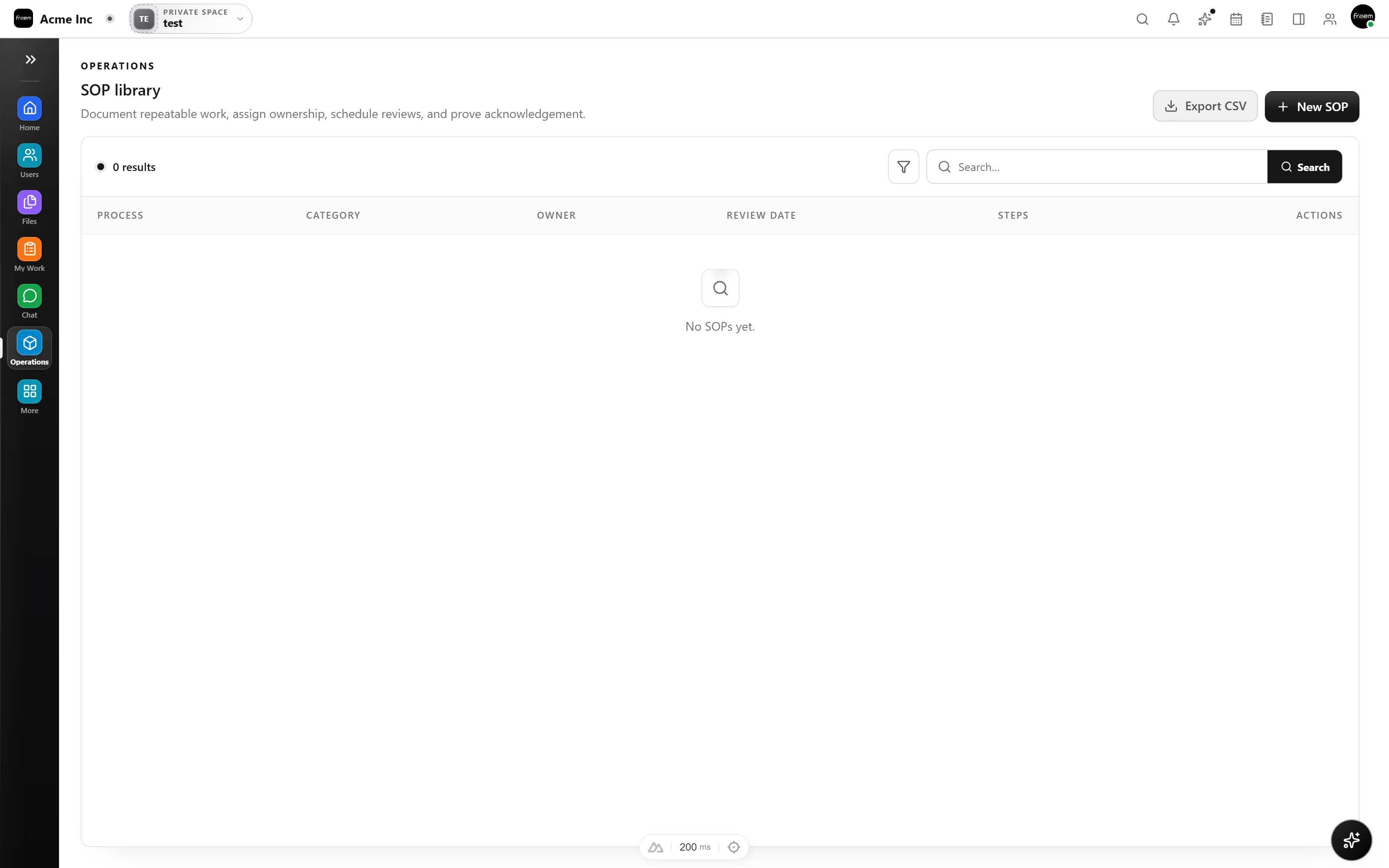 Rowsh Operations space with an SOP library, vendors, and asset register