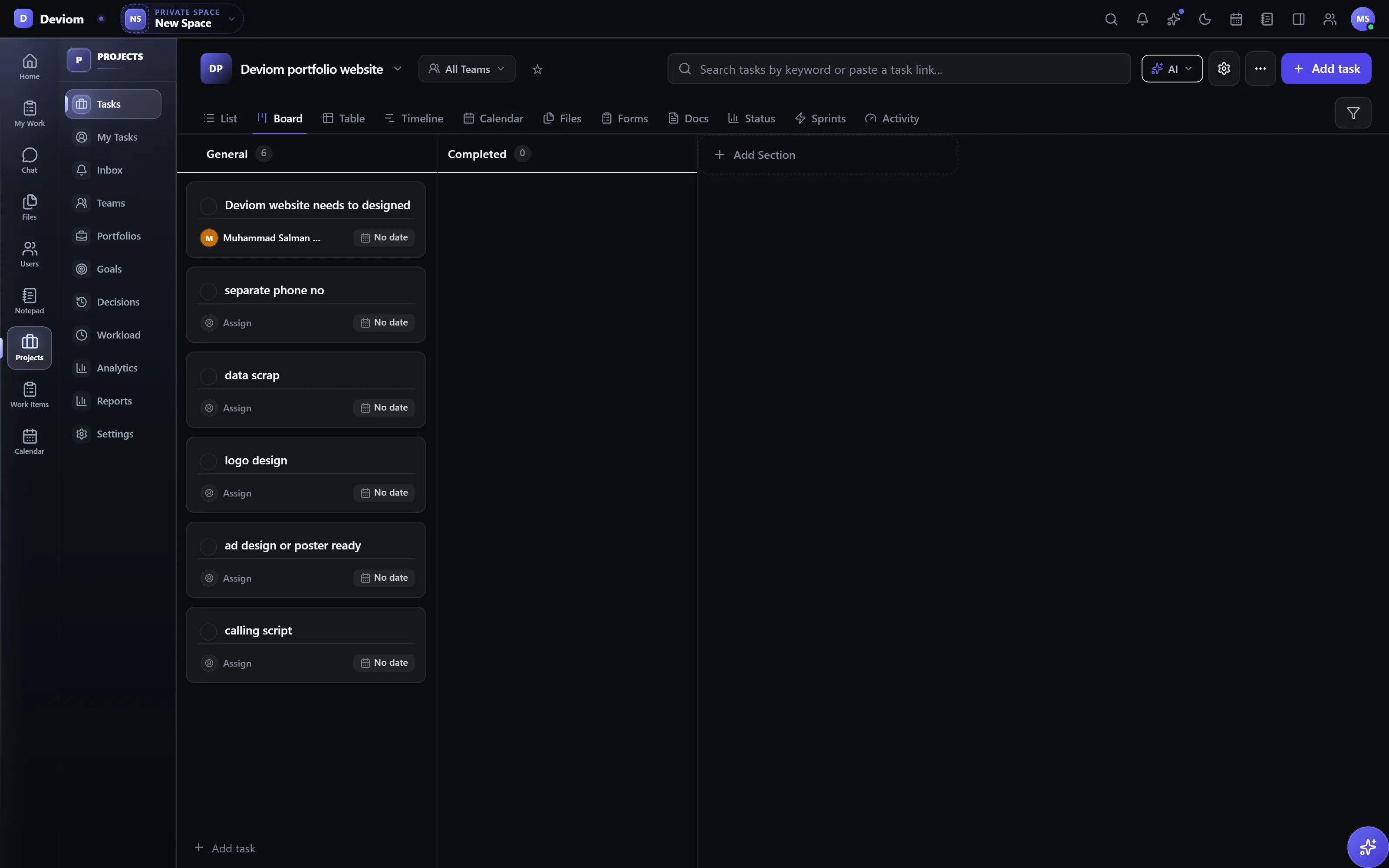 Kanban board view of a Rowsh project
