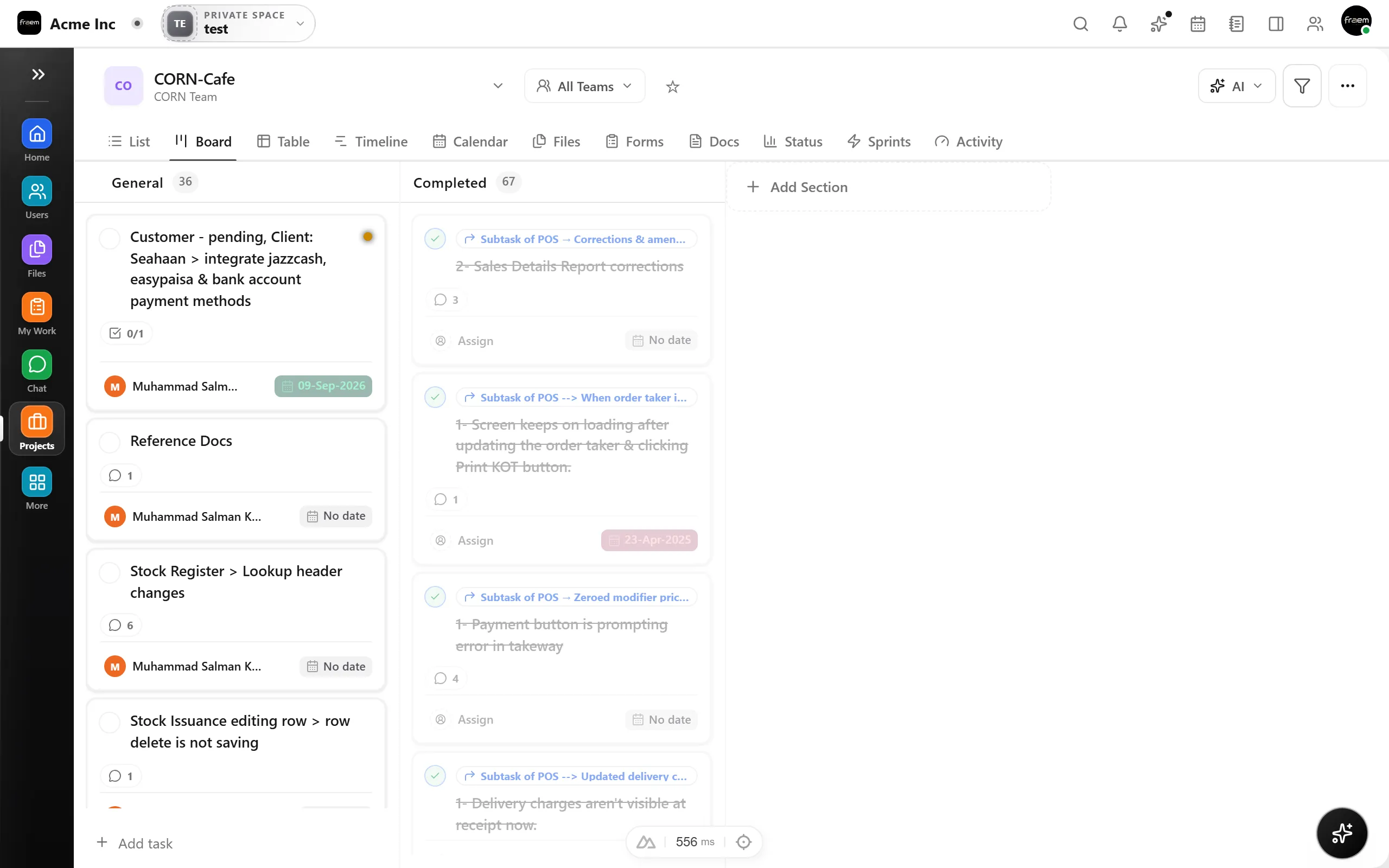Projects list view in the Rowsh workspace