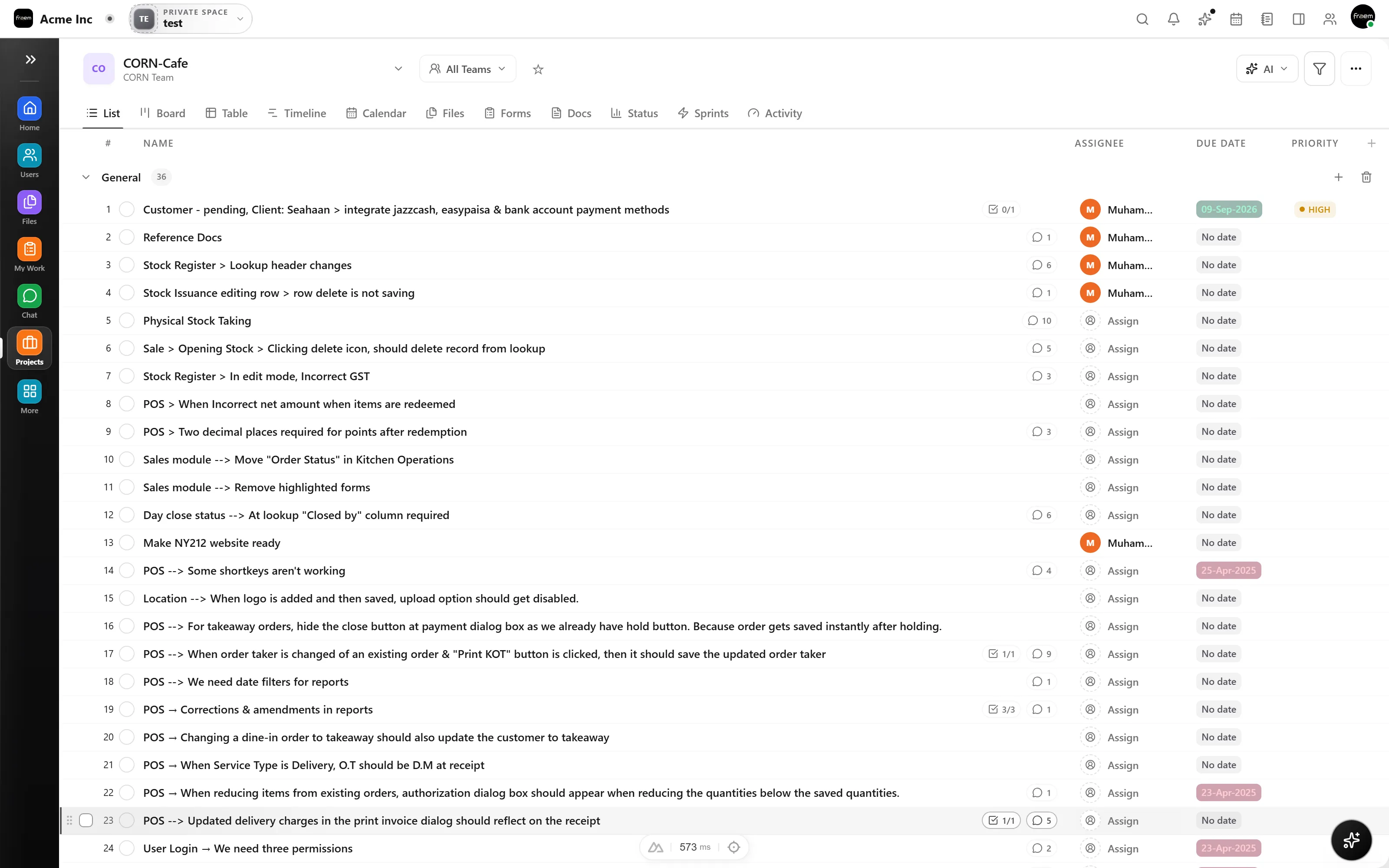 Projects list view in the Rowsh workspace