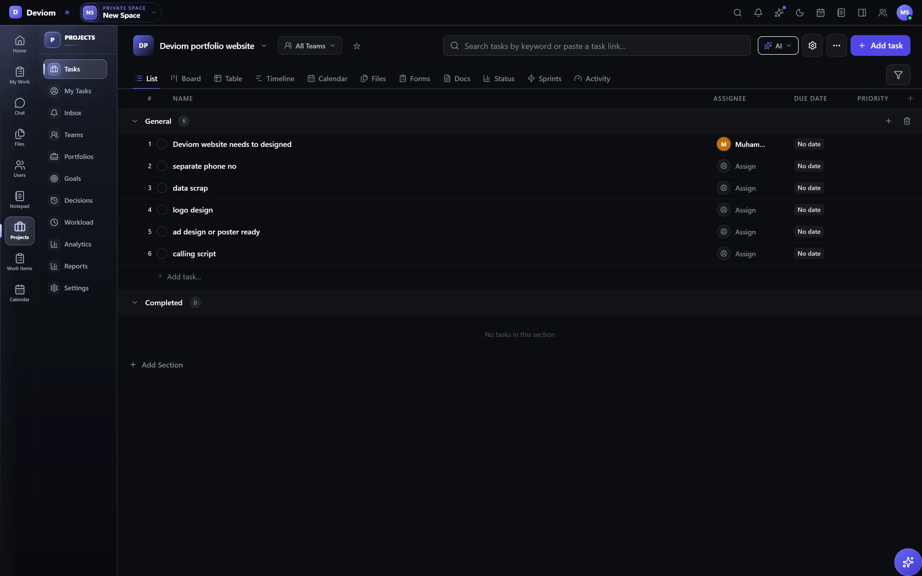 Projects list view in the Rowsh workspace