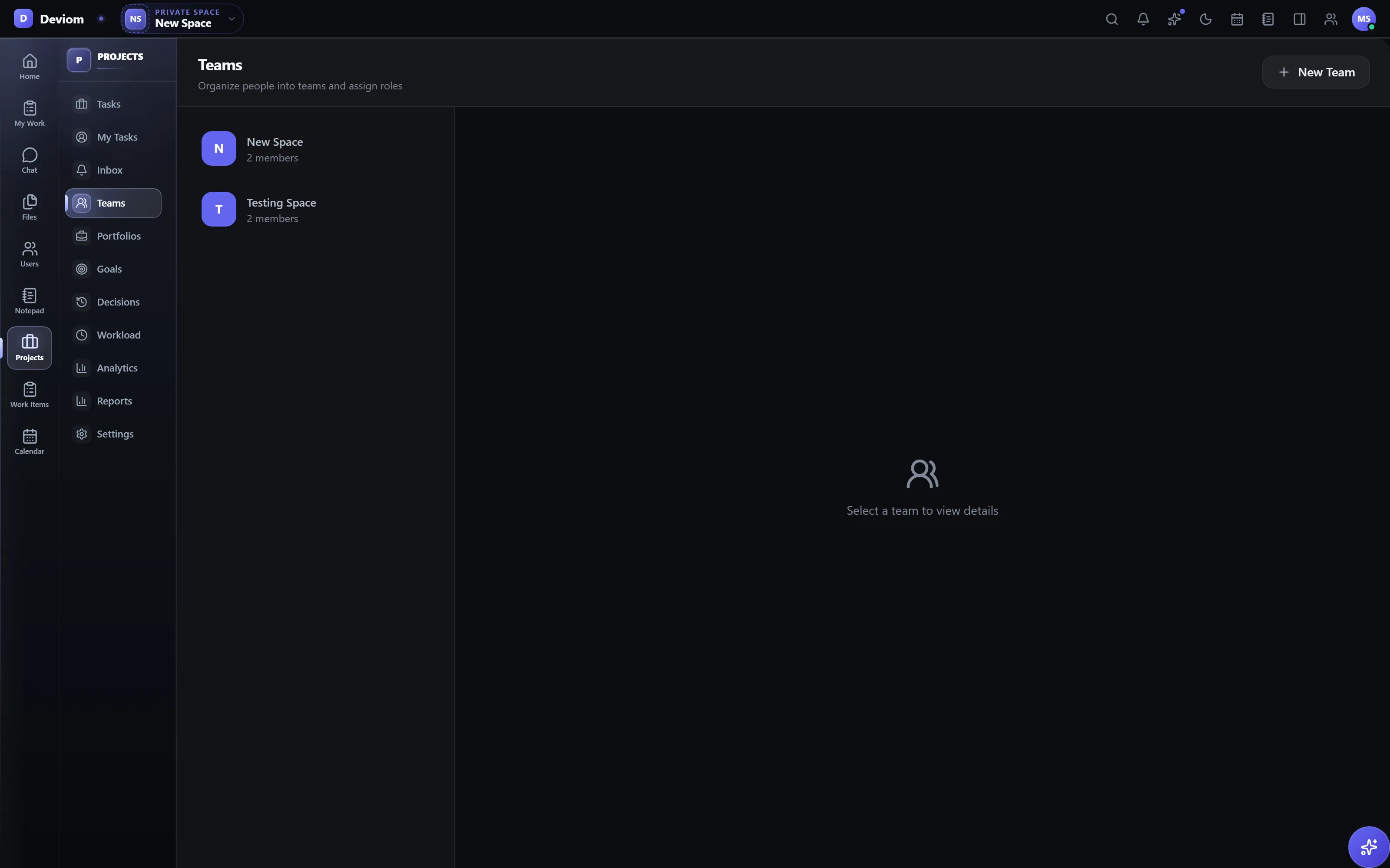 Teams page inside the Rowsh workspace