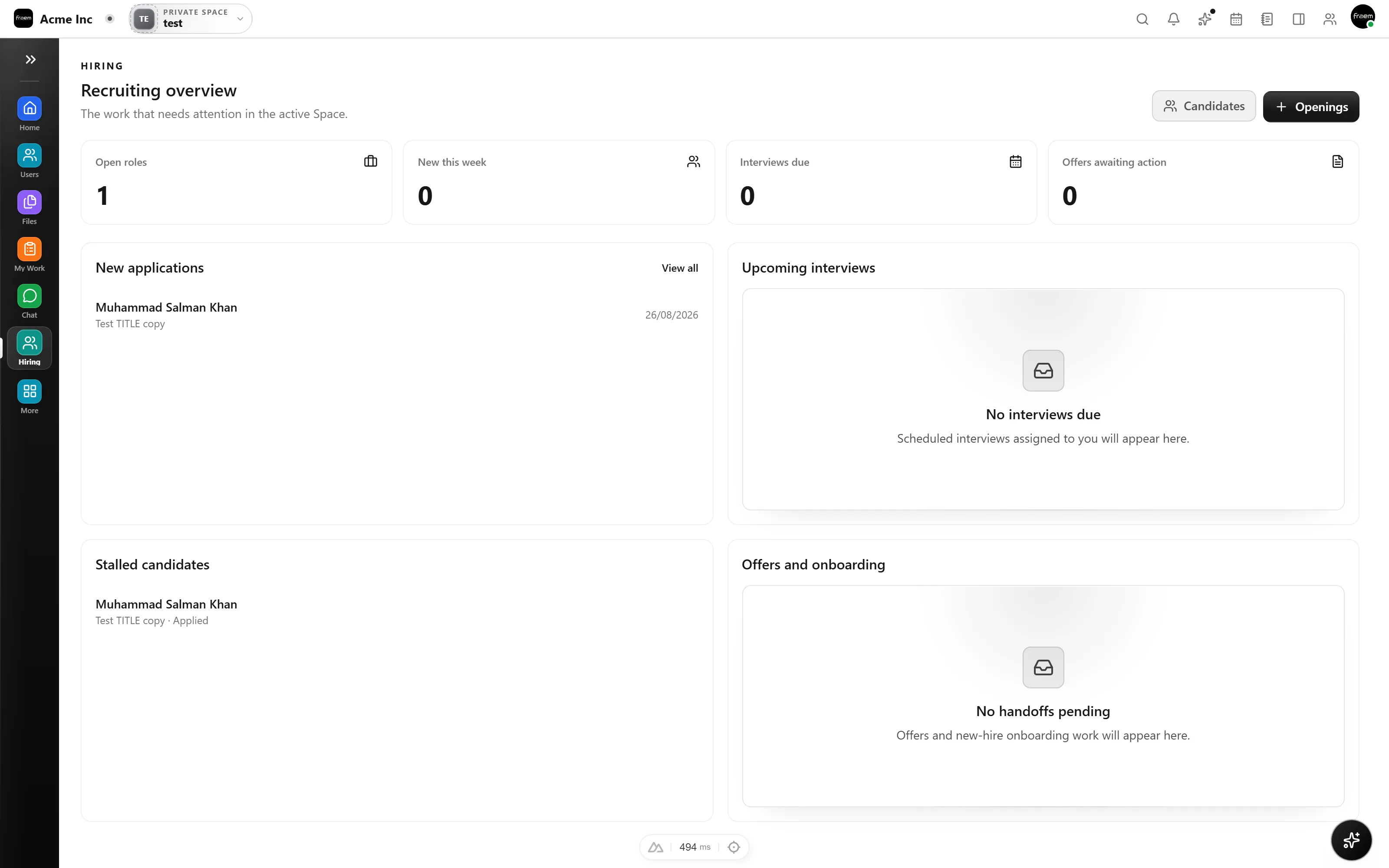 Rowsh HR space showing job openings and a candidate hiring pipeline