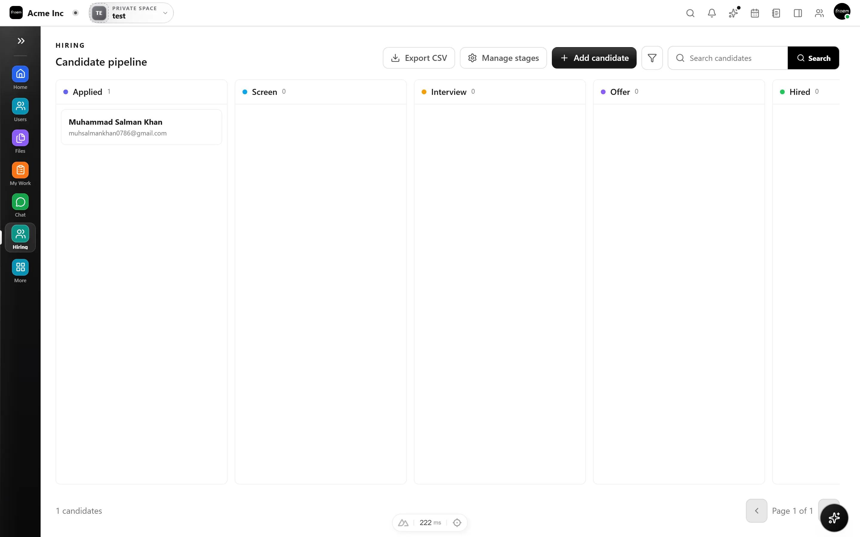 Rowsh HR space showing job openings and a candidate hiring pipeline