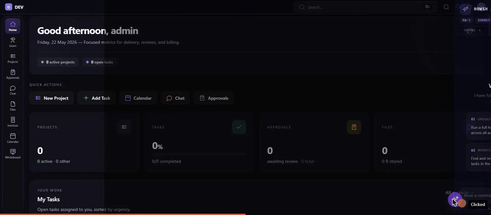 AI Copilot panel opening inside the Rowsh workspace, showing intelligent suggestions and natural language interface