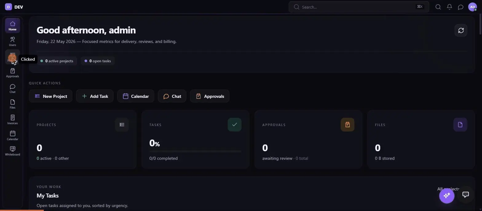 Animated walkthrough showing navigation between Dashboard, Projects, Chat, Calendar, and Whiteboard modules