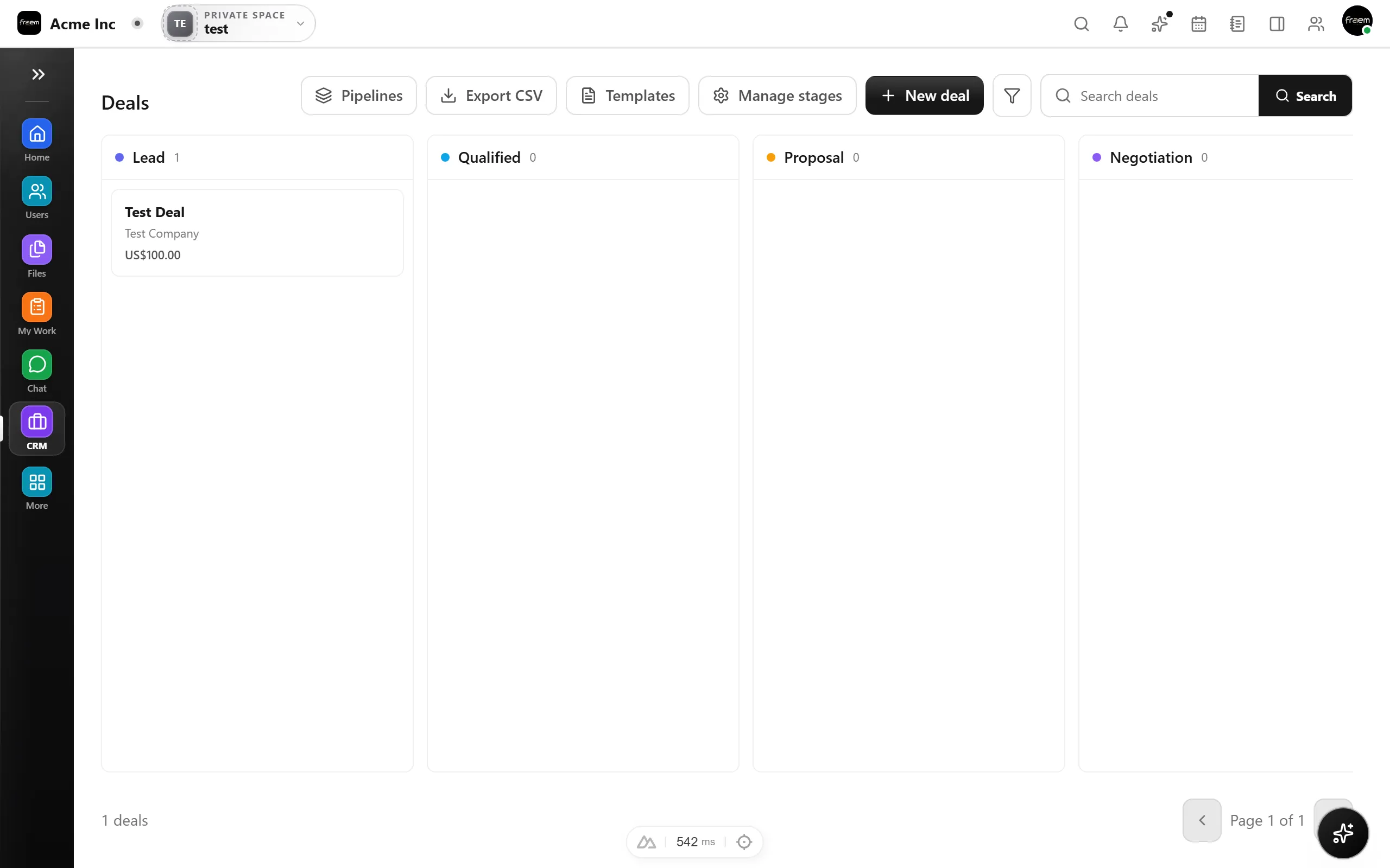 Rowsh CRM space with a drag and drop deal pipeline and stage totals
