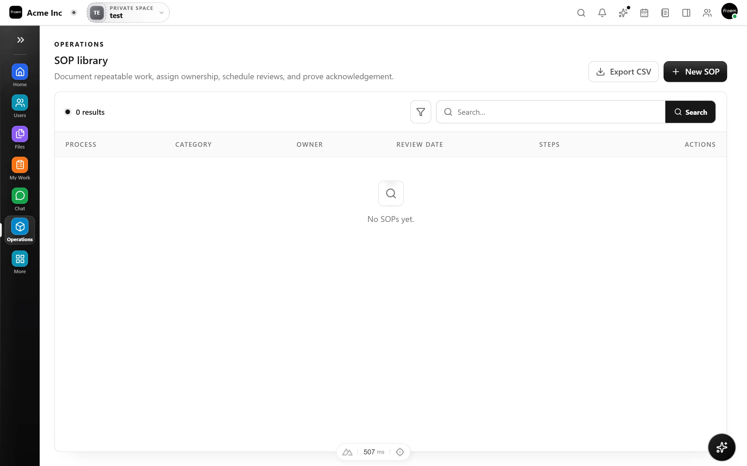 Rowsh Operations space with an SOP library, vendors, and asset register