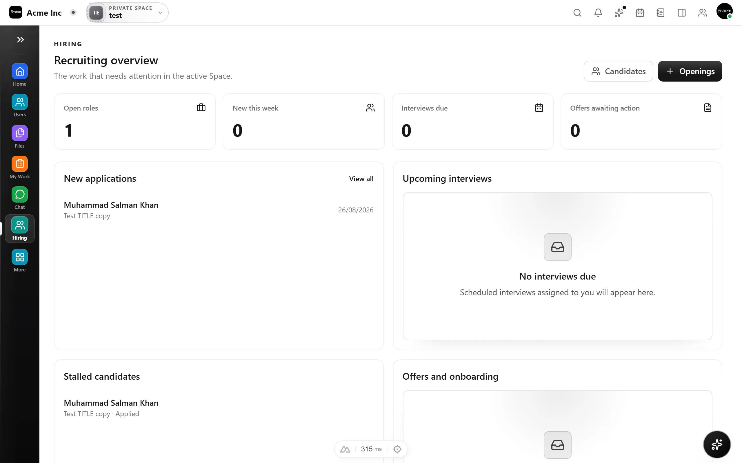 Rowsh HR space showing job openings and a candidate hiring pipeline